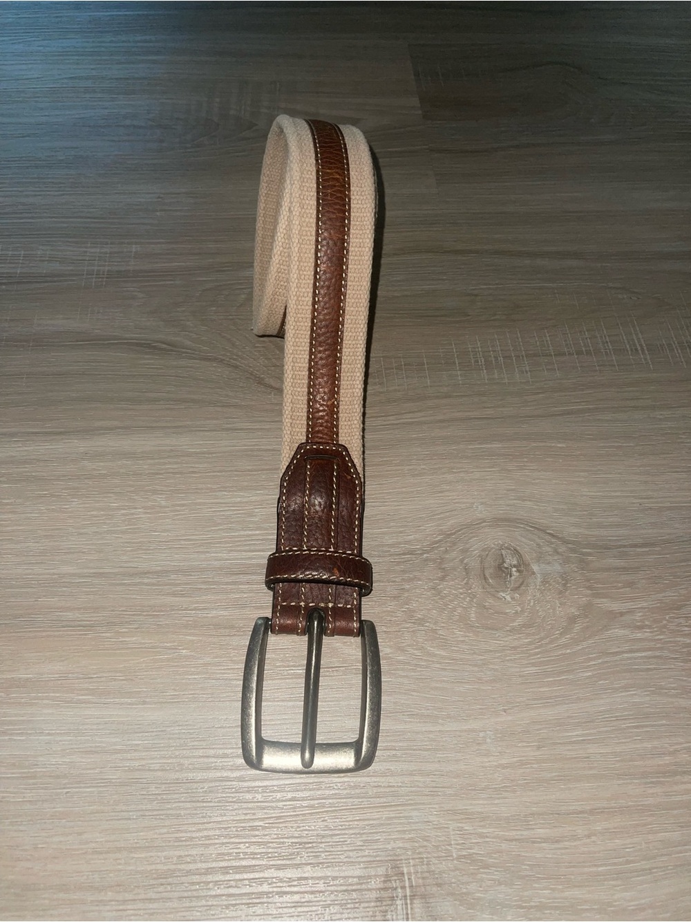 Tommy bahama  Men's Brown Leather-Trim Beige Canvas Belt